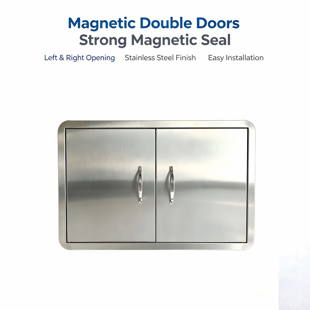 27.56W*18.58H Semi-circular border stainless steel double doors, rainproof and windproof under-counter built-in cabinet replaces the door, rust-proof barbecue outdoor and kitchen oven, storage and maintenance panel, with strong magnetic closure