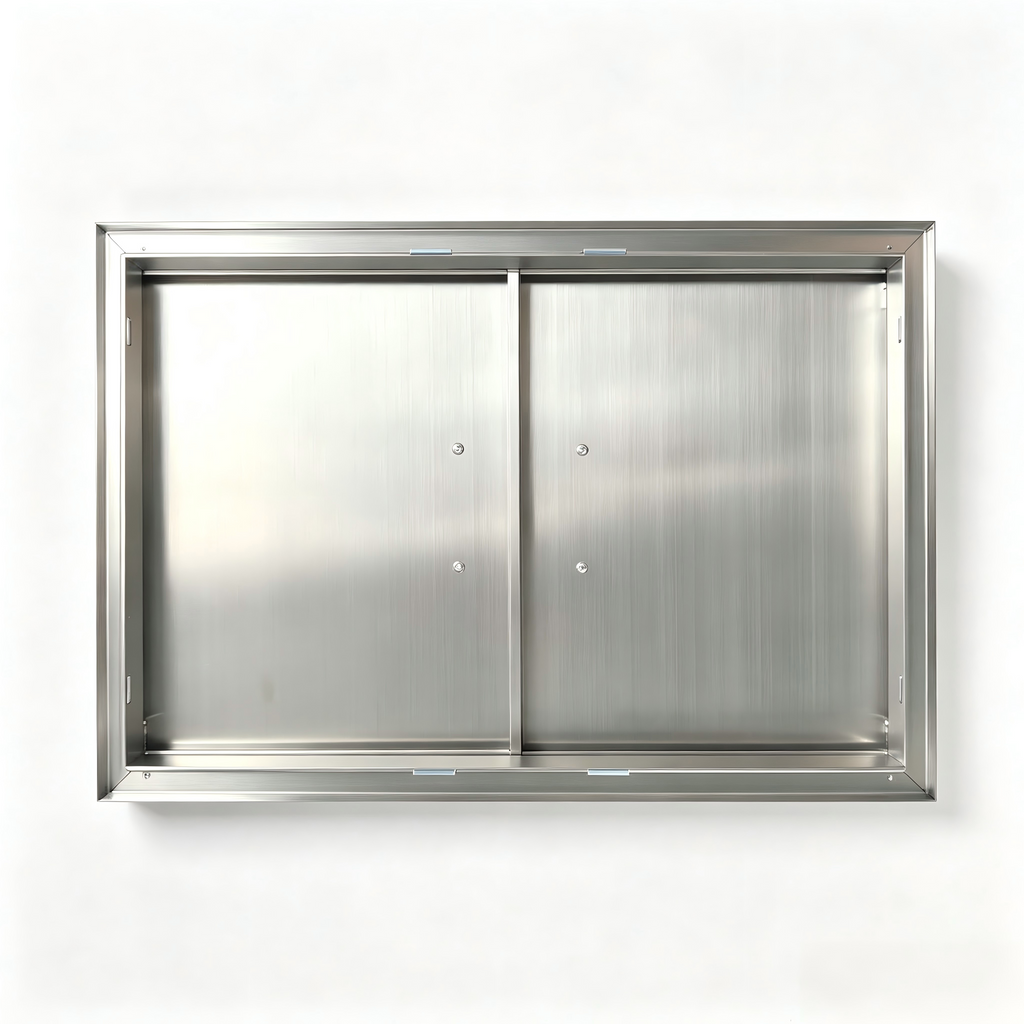 27.56W*18.58Hinch Right-angle border stainless steel double doors, rainproof and windproof under-counter built-in cabinet replaces the door, rust-proof barbecue outdoor and kitchen oven, storage and maintenance panel, with strong magnetic closure