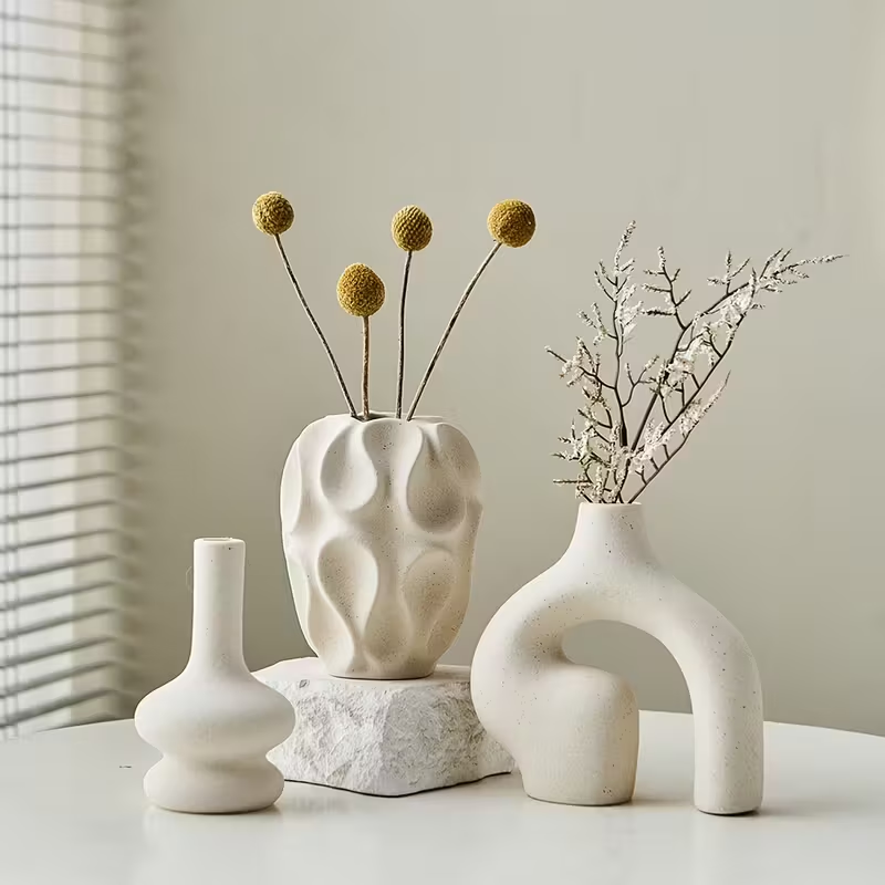 3pcs/set White Bohemian Set Vase Home Decor Gift, Round Modern Vases for Nordic Minimalist Book Style Shelf Decoration, Donut Boho Aesthetic Vases for Trendy Living Room Entryway Coffee Table Decorative Christmas Gift