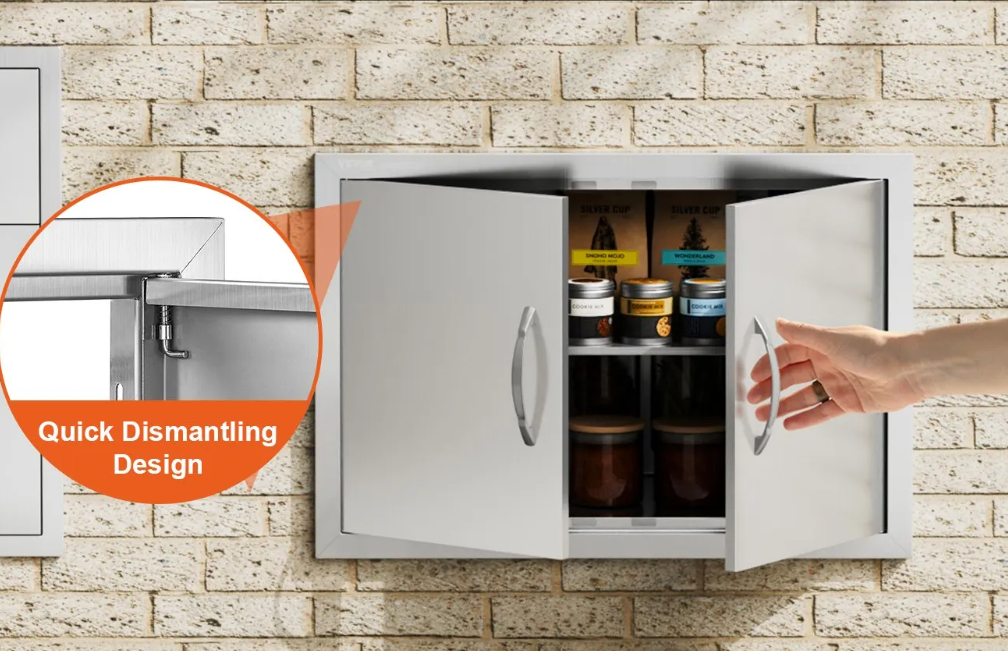 27.56W*18.58Hinch Right-angle border stainless steel double doors, rainproof and windproof under-counter built-in cabinet replaces the door, rust-proof barbecue outdoor and kitchen oven, storage and maintenance panel, with strong magnetic closure
