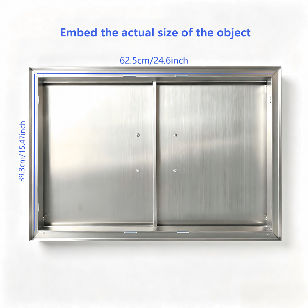 27.56W*18.58Hinch Right-angle border stainless steel double doors, rainproof and windproof under-counter built-in cabinet replaces the door, rust-proof barbecue outdoor and kitchen oven, storage and maintenance panel, with strong magnetic closure
