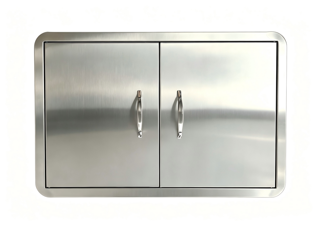 27.56W*18.58H Semi-circular border stainless steel double doors, rainproof and windproof under-counter built-in cabinet replaces the door, rust-proof barbecue outdoor and kitchen oven, storage and maintenance panel, with strong magnetic closure