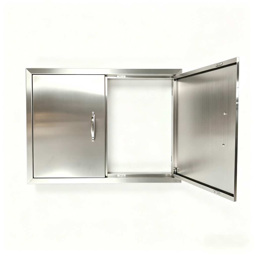 27.56W*18.58Hinch Right-angle border stainless steel double doors, rainproof and windproof under-counter built-in cabinet replaces the door, rust-proof barbecue outdoor and kitchen oven, storage and maintenance panel, with strong magnetic closure