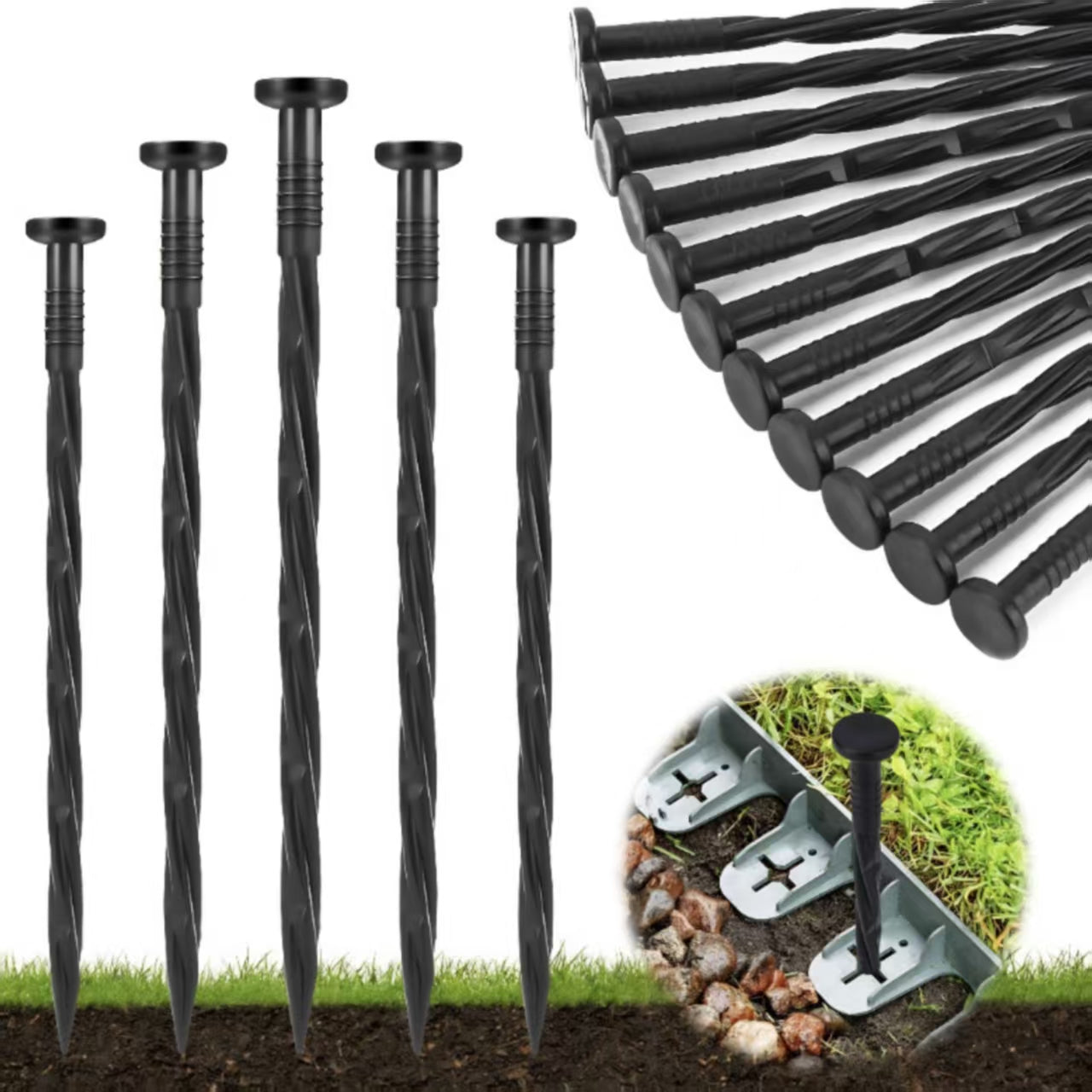 30pc 15cm garden border anchors, plastic ground stakes, landscape edge nails, spiral border posts, multi-purpose garden stakes (for garden tents and canopies)