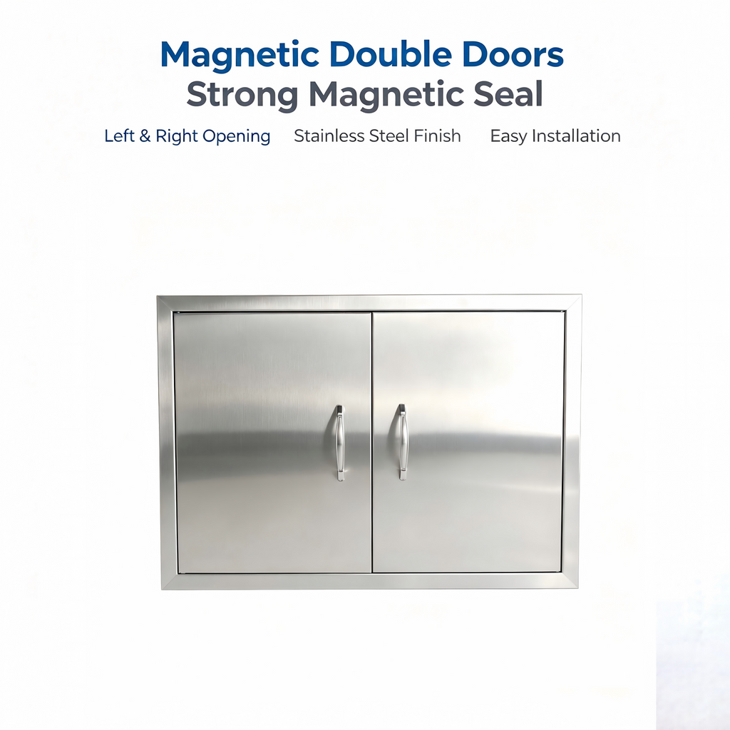 27.56W*18.58Hinch Right-angle border stainless steel double doors, rainproof and windproof under-counter built-in cabinet replaces the door, rust-proof barbecue outdoor and kitchen oven, storage and maintenance panel, with strong magnetic closure