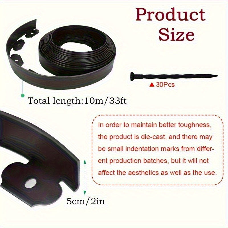 10m/32.8 Feet Plastic isolation tape, high toughness, can be bent by nails of sufficient length No-Dig Flexible Plastic Garden Edging Strip with 30 Anchors-Quality Durable Plastic Lawn Border, Suitable for Flower Beds, Landscaping