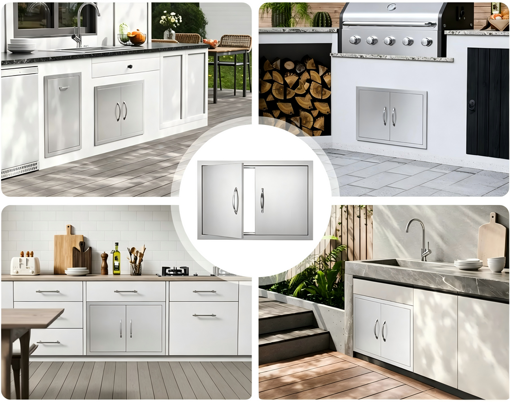 27.56W*18.58Hinch Right-angle border stainless steel double doors, rainproof and windproof under-counter built-in cabinet replaces the door, rust-proof barbecue outdoor and kitchen oven, storage and maintenance panel, with strong magnetic closure